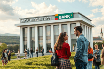 Žmogus laikantis dokumentus, susijusius su asmenine paskola, su finansiniais grafiniais elementais fone.