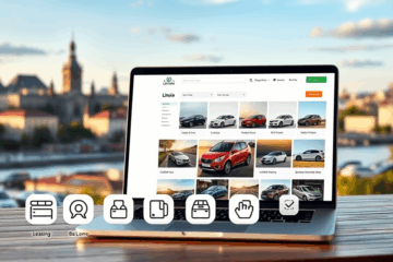 Naudotas automobilis su miesto fone, pabrėžiant finansavimo galimybes internetu