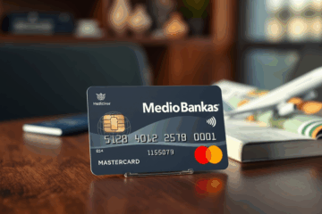 Medicinos Bankas MasterCard kortelė, skirta patogiems ir saugiems mokėjimams.